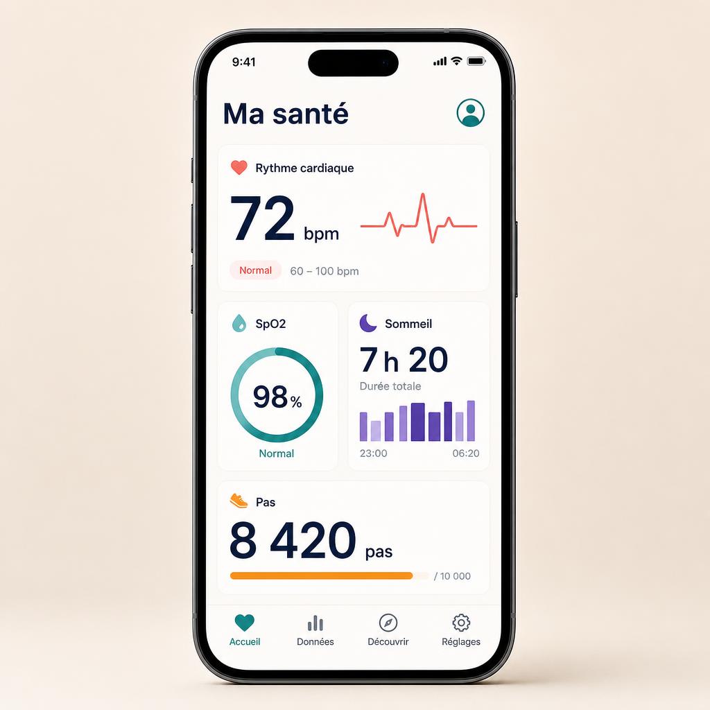 Application WatchTrack en français affichant la fréquence cardiaque, le sommeil et les pas